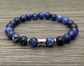 Sodalite Gemstone with Stainless Steel Accents Stretch Bracelet Men Women