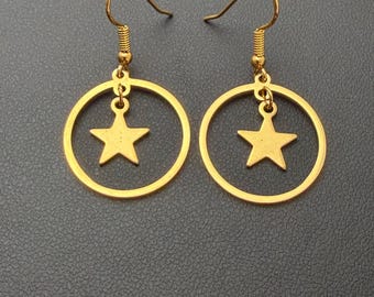 Star Gold Tone Stainless Steel Floating Hoop & Dangle Earrings