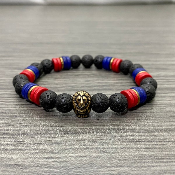 Haitian Flag Inspired with Brass Oxide Lion Bead Lava Stone and Ceramic Stretch Bracelet Men Women