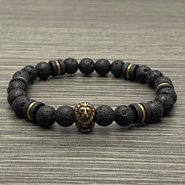 African Inspired Lava Stone and Ceramic with Brass Oxide Lion Bead Stretch Bracelet Men Women