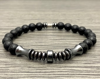 Black Faceted Matte Onyx with Hematite Gemstone Stretch Bracelet Men Women