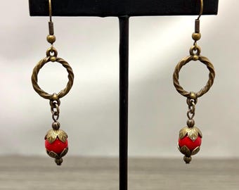 Red Dyed Mountain Jade with Antique Brass Tone Twisted Circle  Accents Dangle Earrings