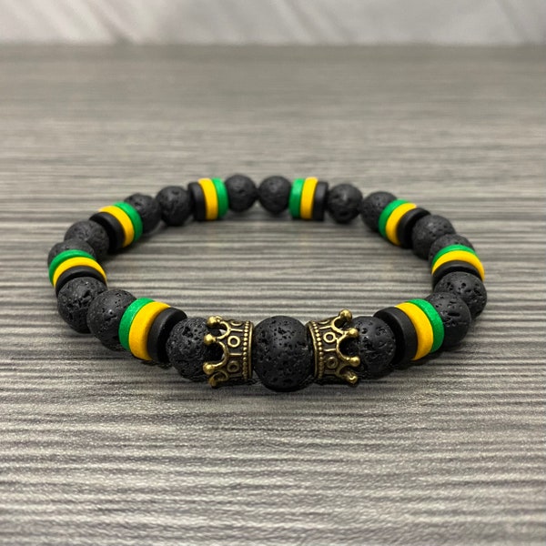 Jamaican Flag Inspired with Brass Oxide Crowns Lava Stone and Ceramic Stretch Bracelet Men Women