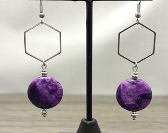 Purple Crazy Lace Agate Geometric Hexagon Stainless Steel Dangle Earrings