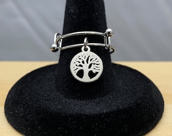 Dangle Tree of Life Ring, Adjustable Bangle Style Stainless Steel Wire Stacking Ring