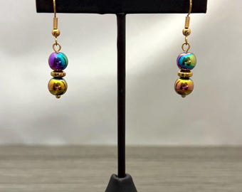 Petite Multicolored Luster Round Hematite Drop Dangle Earrings