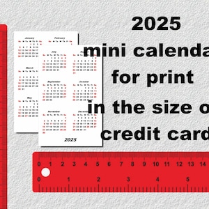 Mini calendario 2025 para imprimir, tamaño tarjeta de crédito. Fuente Arial Black.