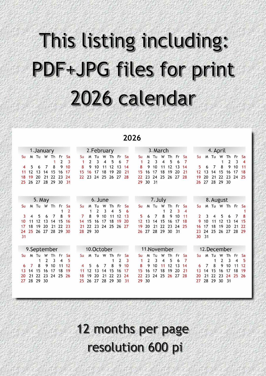 Kalender 2026 zum Ausdrucken, PDF- und JPG-Dateien - Etsy.de