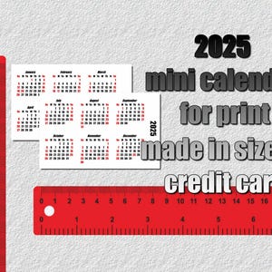 Mini calendrier 2025 à imprimer, de la taille d'une carte de crédit. Police d'impact.