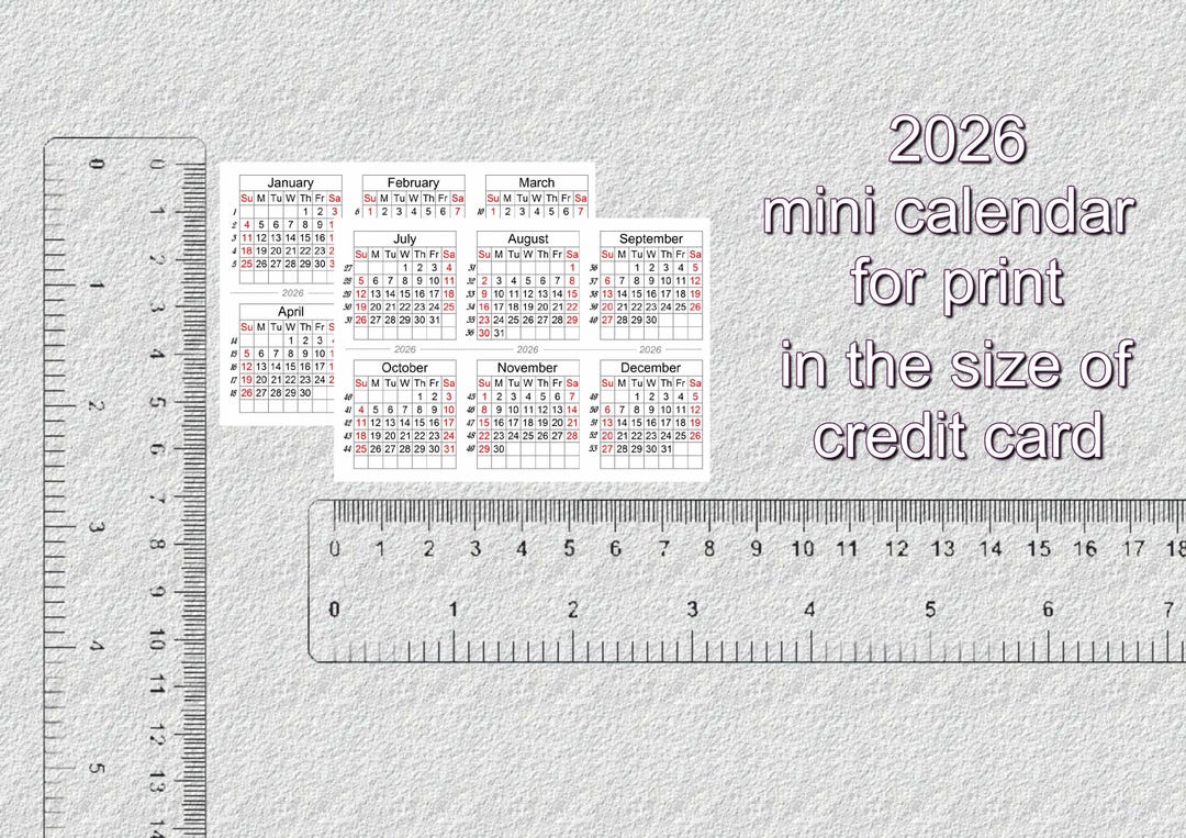 2026 Mini Calendar Print: Credit Card Size, With Weeks Numbers (PDF ...
