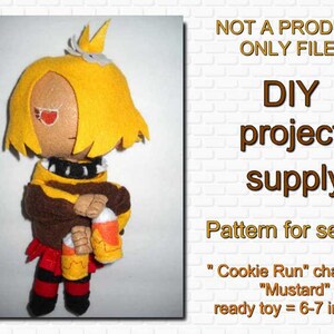 May include: A digital sewing pattern for a "Cookie Run" character, "Mustard". The pattern is for a plush toy that will be 6-7 inches tall when finished. The image shows a plush toy made from the pattern.