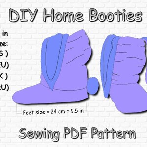 May include: DIY Home Booties sewing pattern for a size 6 US, 36 EU, 3 UK, or 35 RU foot. The pattern includes instructions for making a pair of purple and blue bunny-shaped slippers with a 7-inch height and a 9.5-inch foot length.