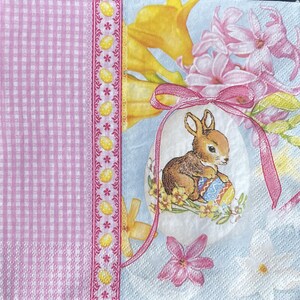 May include: A pink and white checkered background with a yellow and pink floral design. A brown bunny rabbit holds a colorful Easter egg. A pink ribbon with a bow is tied around the bunny and egg.
