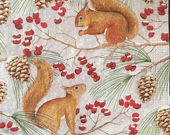 Squirrel Decoupage Paper Napkins: Winter Pine Berry Design (Set of 4) cocktail size