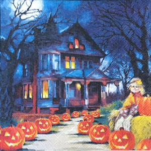 May include: A spooky Halloween scene with a blue house with lit windows, a scarecrow sitting on hay bales, and a path lined with jack-o'-lanterns.