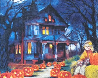 Halloween House Paper Napkins: Decoupage, Ephemera (Set of 4) - lunch size