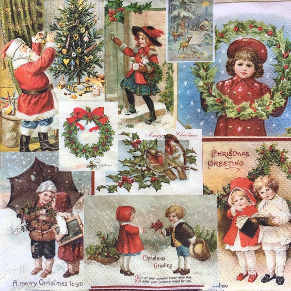 Decoupage Paper Napkins - Christmas - Santa - set of 4 - Ephemera for Scrapbooking, Card making, Collage, Decoupage, Altered Art and Crafts