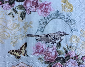 Floral Bird Paper Napkins: Decoupage, Collage Set of 4
