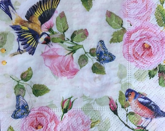 Floral Bird Cocktail Napkins: Decoupage Paper Ephemera (Set of 4)