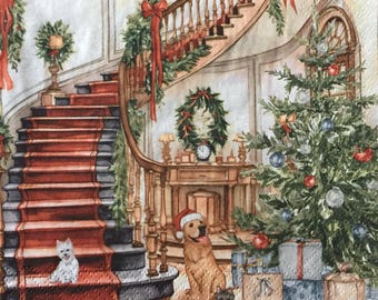 クリスマスの家デコパージュ作品 クリスマスウィンドウペーパーナプキン：犬と猫、ホリデーデコパージュ