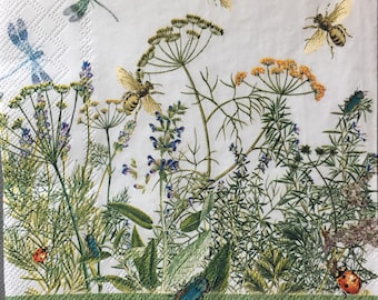 Papierservietten Blumenmuster: Bienchen, Libellen, Marienkäfer - 4er-Set - Lunchgröße