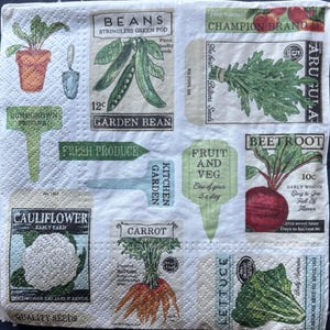 May include: A white paper napkin featuring a vintage-style garden theme with illustrations of vegetables including beans, arugula, beetroot, cauliflower, carrots, and lettuce, accompanied by seed packet labels and garden markers with text.