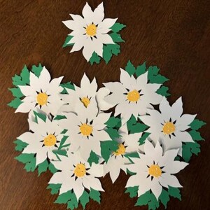 10 Poinsettia Diecuts in White, Green and Yellow Cardstock for Christmas Scrapbooks, Cards, Decorations