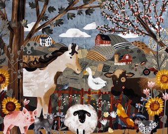 Farm Country Quilting Panel | Farm Animals Panel | Cotton Quilting Panel | Wallhanging Quilting Panel | Sewing Quilting Panel |Sewing Panel