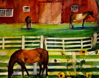 Horses on Farm Quilting Panel | Quilting Panel | Cotton Quilting Panel | Wallhanging Quilting Panel | Sewing Quilting Panel |Sewing Panel