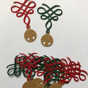 12 Jingle Bells sur un ruban Diecuts, Gold Shimmer Cardstock avec rouge, rubans verts pour le scrapbooking de Noël, cartes, artisanat en papier, confettis