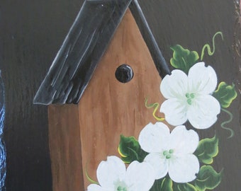 BIRDHOUSE AND DOGWOOD Painted Slate....our version of a "Doghouse"