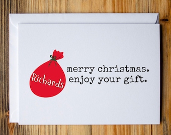 Tarjeta navideña divertida, tarjetas navideñas ofensivas: Feliz Navidad. Aquí tienes tu regalo.