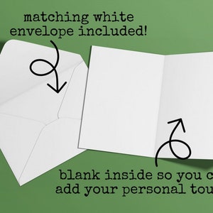 May include: A blank white card with a matching white envelope. The card has the text "matching white envelope included!" at the top and "blank inside so you can add your personal touch!" at the bottom.