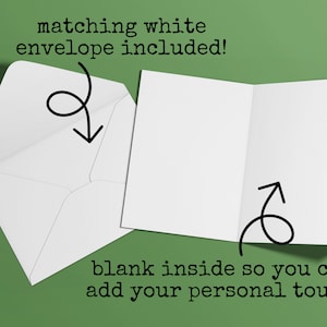 Puede incluir: Una tarjeta blanca en blanco con un sobre blanco. La tarjeta tiene una flecha negra que apunta al interior de la tarjeta. El texto "sobre blanco a juego incluido!" est&aacute; encima de la tarjeta. El texto "interior en blanco para que puedas agregar tu toque personal!" est&aacute; debajo de la tarjeta.