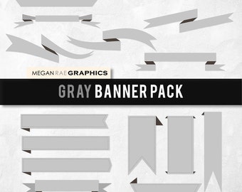 Banner clipart set -  "GRAY BANNERS" Digital clipart pack (includes 15 unique banners)