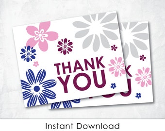 Printable Thank You card - Modern PINK & BLUE flower Bridal shower Thank You card - Digital file