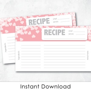 Bridal Shower recipe card - Cute Pink FALLING HEARTS Bridal Shower recipe card (Dgital File)