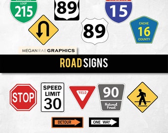 Road Signs clipart set -  "ROAD SIGNS" Digital clipart pack (includes 13 unique Highway road signs)