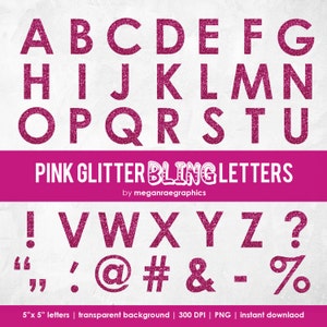 Conjunto de alfabeto Clipart - 5x5 para impressão PINK GLITTER Conjunto de letras digitais do alfabeto