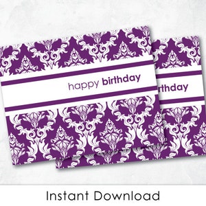 Geburtstagskarte - LILA DAMAST Druckbare "Happy Birthday" Karte (A2 Format) - Digitale Datei