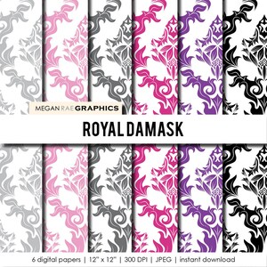 Digital Paper - 12x12 ROYAL DAMASK pattern digital paper pack (Pink, Purple, Gray damask high resolution papers) - Digital files