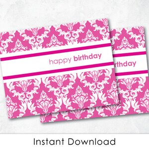Geburtstagskarte - PINK DAMASK Printable "Happy Birthday" Karte (A2 Format) - Digitale Datei