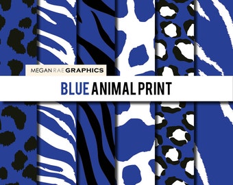 Digital Paper - 12x12 Retro BLUE ANIMAL PRINT digital paper pack (Cheetah, Tiger, Zebra, Leopard, Giraffe patterns) - Digital files