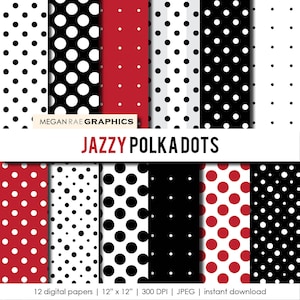 Digital Paper - 12x12 JAZZY POLKA DOT red, white & black pattern digital paper pack - Digital files