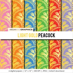 May include: Six digital paper patterns featuring a light gold peacock feather design on a variety of colored backgrounds. The colors include pink, orange, blue, green, red, and purple. The text "LIGHT GOLD PEACOCK" is displayed at the top of the image.
