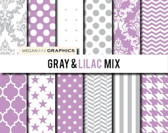 Digital Paper - 12x12 GRAY & LILAC color patterns mix digital paper pack (Digital files)