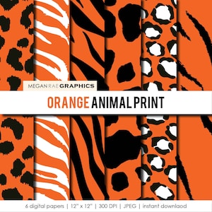 Op de afbeelding: Set van zes digitale papieren met oranje en zwarte dierenprintpatronen. De patronen omvatten luipaard-, zebra- en tijgerprints. Elk papier is 30,5 cm bij 30,5 cm en 300 DPI.