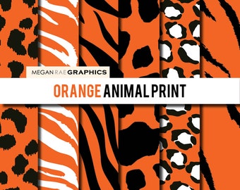 Digital Paper - 12x12 Retro ORANGE ANIMAL PRINT digital paper pack (Cheetah, Tiger, Zebra, Leopard, Giraffe patterns) - Digital files