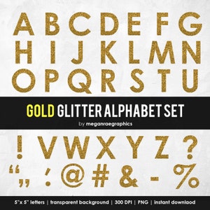 Conjunto de alfabeto Clipart - 5x5 para impressão GOLD GLITTER Conjunto de letras digitais do alfabeto