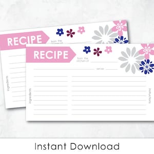 Printable Recipe Card - Modern PINK & BLUE flower Bridal Shower recipe card (Digital file)